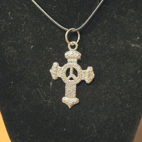 Unbranded Jewelry - Silver Tone Cross Peace Sign Pendant Cord Necklace